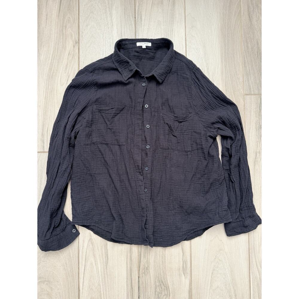 Z Supply Saturday Shirt Large Black Gauze Button Cotton Long Sleeve BZ